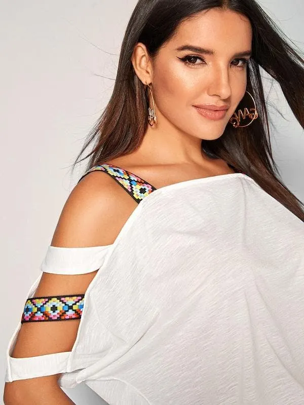 Batwing Cold Shoulder Tape Detail Top
