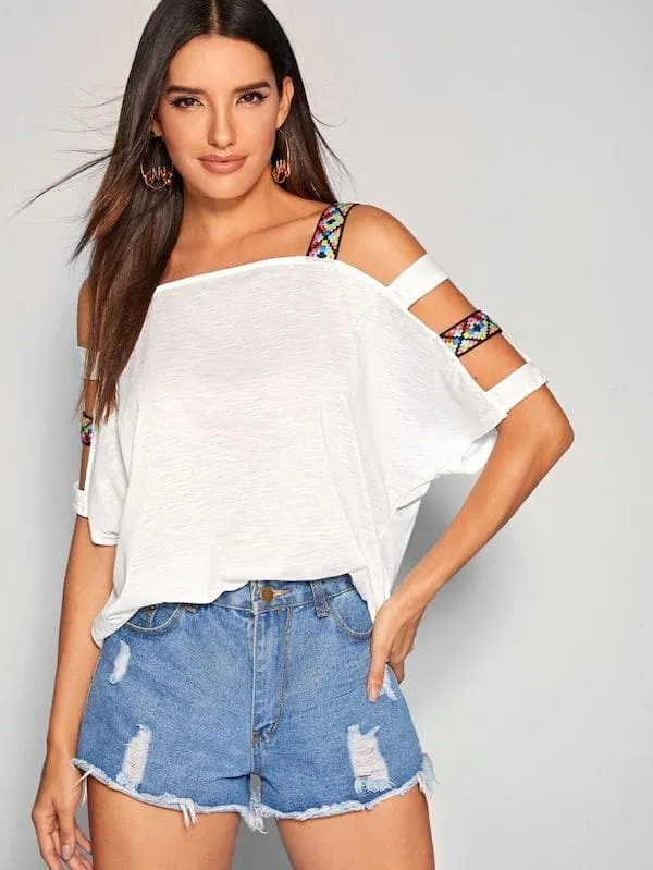 Batwing Cold Shoulder Tape Detail Top
