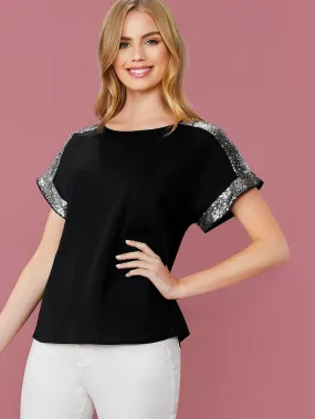 Black Round Neck Contrast Sequin Detail Top