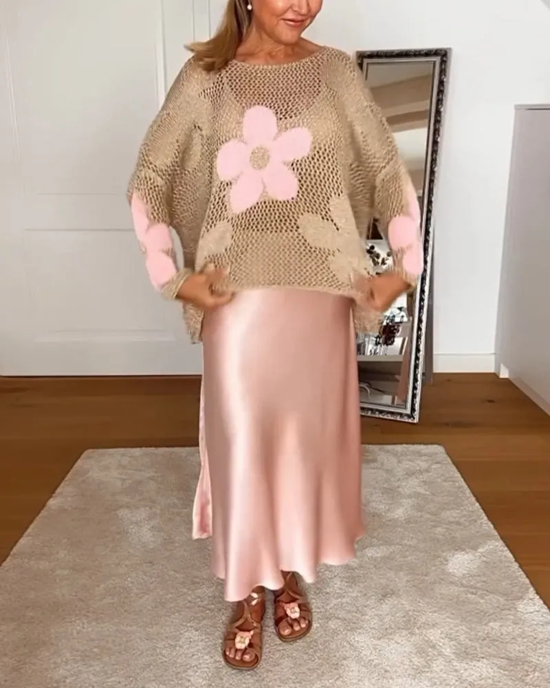 Casual floral round neck long sleeve hollow pullover
