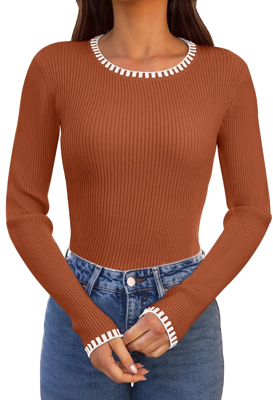MEROKEETY Women's Long Sleeve Ribbed Color Block Sweater Crewneck Basic Knit Tops