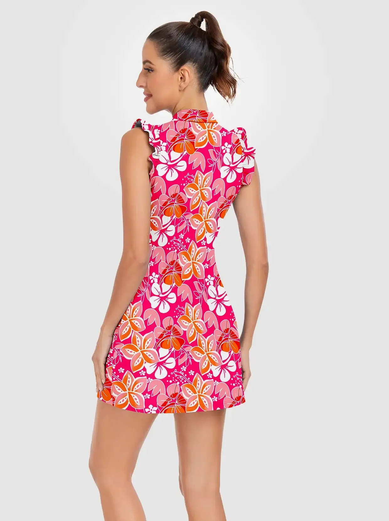 Red Floral Ruffled Sleeveless Active Dress With Shorts