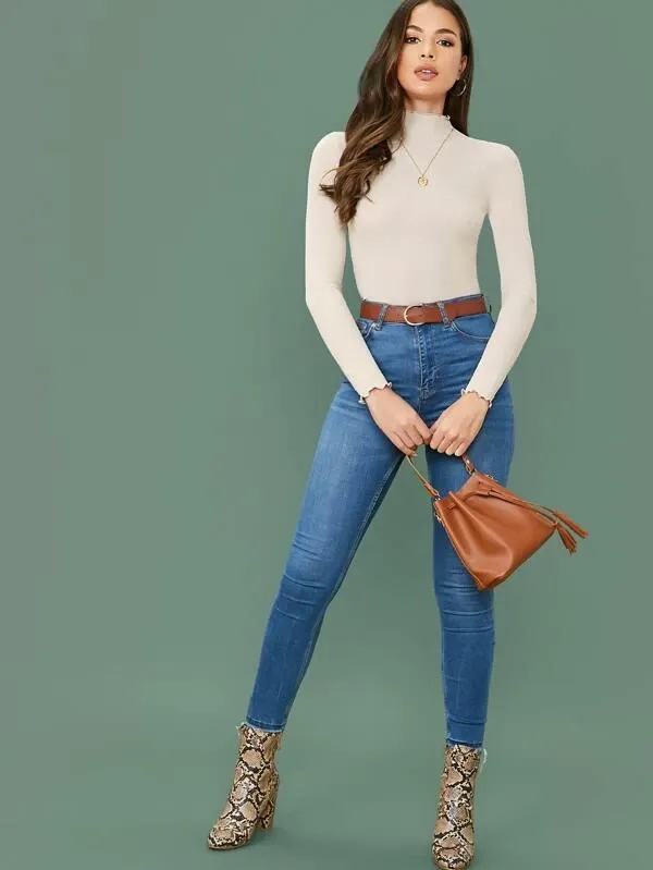 Stand Collar Mock-Neck Lettuce Trim Form Fitted Top