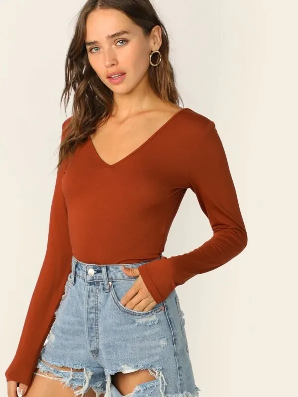 V-cut Neck Form Fitted Tee Top
